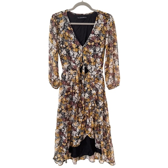 Abercrombie & Fitch Cut-Out Black Floral High-Low Midi Dress Size Small - Picture 4 of 15